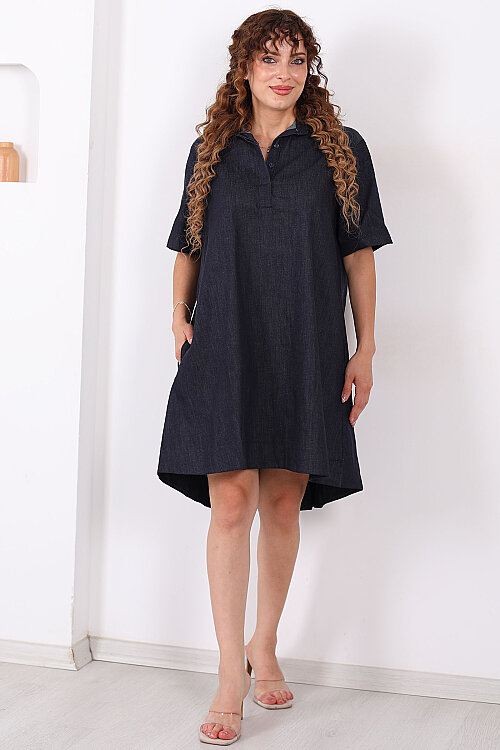 Yakalı Cepli Oversize Denim Lacivert Kadın Elbise - 6