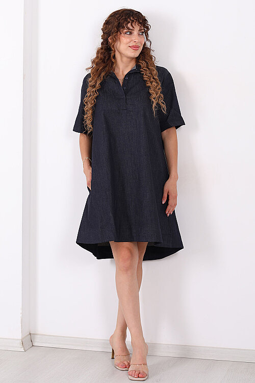 Yakalı Cepli Oversize Denim Lacivert Kadın Elbise - 3