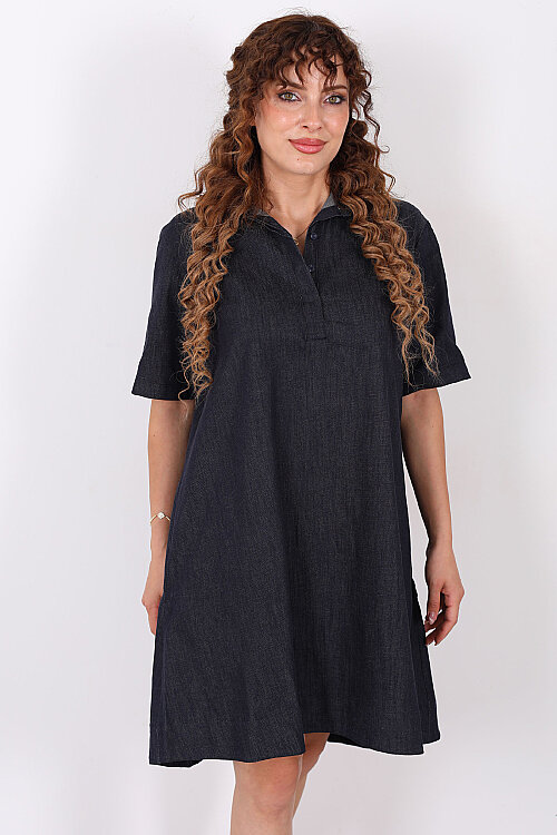 Yakalı Cepli Oversize Denim Lacivert Kadın Elbise - Berox