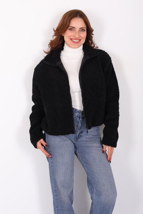 Yakalı Cepli Siyah Kadın Peluş Mont - 3