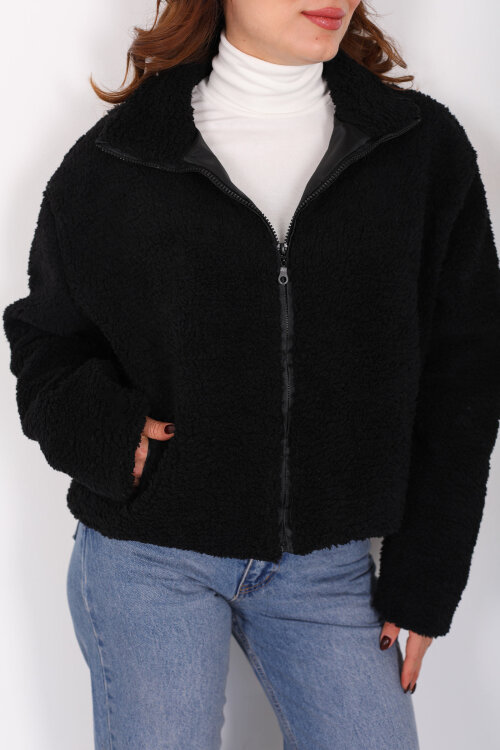 Yakalı Cepli Siyah Kadın Peluş Mont - Berox (1)