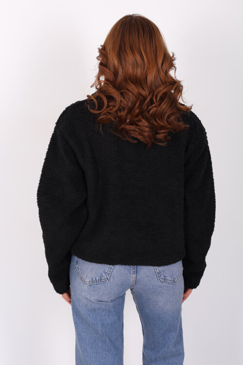 Yakalı Cepli Siyah Kadın Peluş Mont - 5