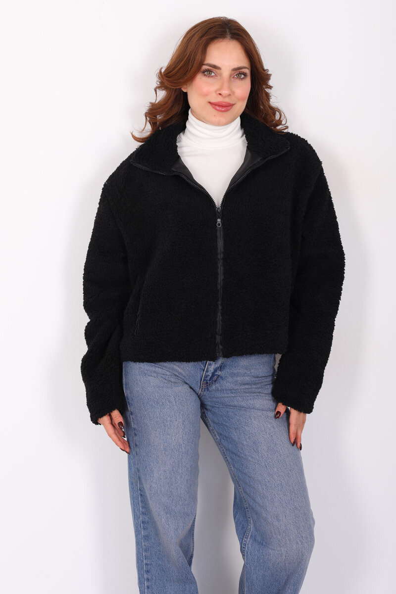 Yakalı Cepli Siyah Kadın Peluş Mont - 4