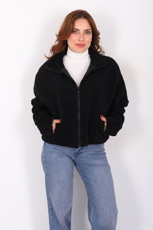 Yakalı Cepli Siyah Kadın Peluş Mont - Berox