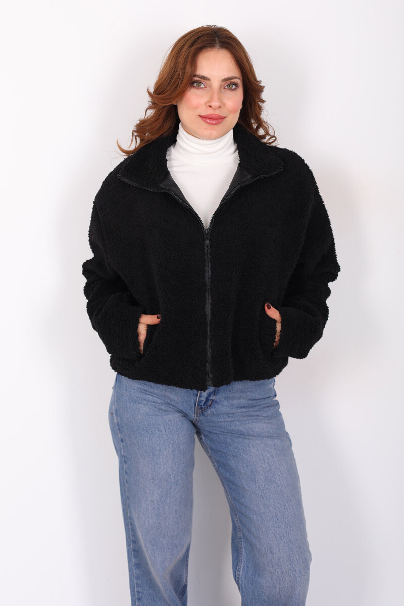 Yakalı Cepli Siyah Kadın Peluş Mont - 1