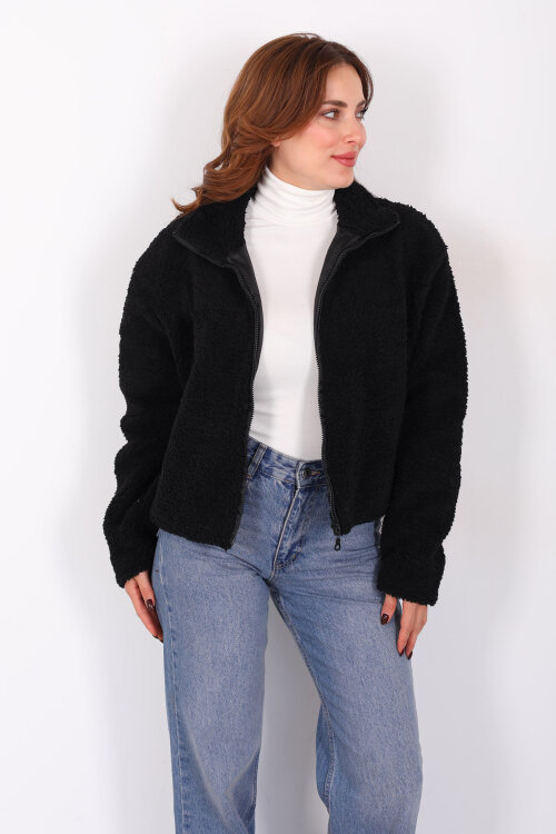 Yakalı Cepli Siyah Kadın Peluş Mont - 6