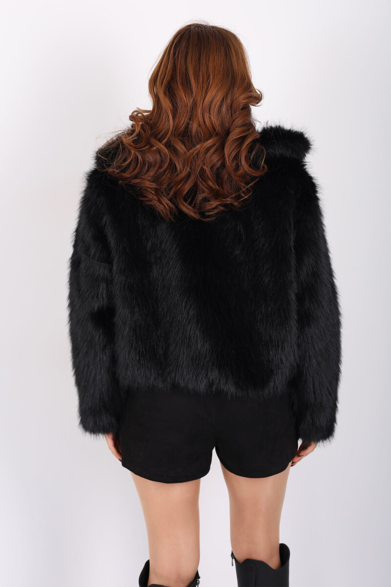 Yakalı Fermuarlı Siyah Kadın Kürk Mont - 6