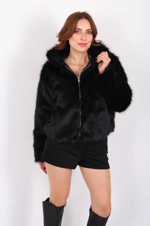 Yakalı Fermuarlı Siyah Kadın Kürk Mont - 4