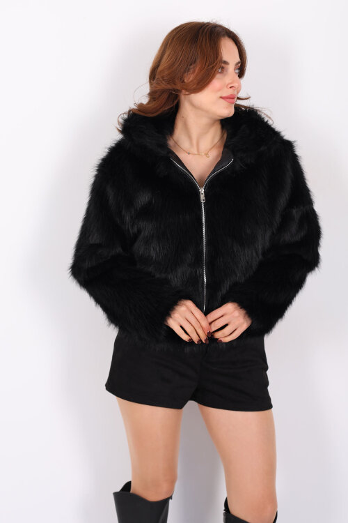 Yakalı Fermuarlı Siyah Kadın Kürk Mont - 7