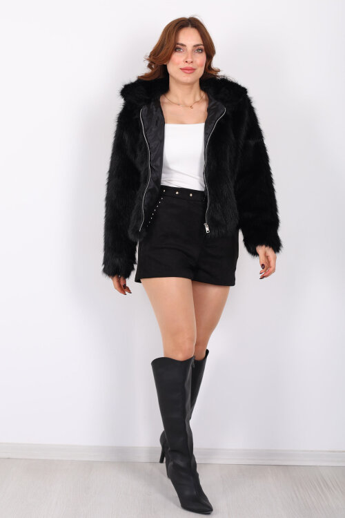 Yakalı Fermuarlı Siyah Kadın Kürk Mont - 5