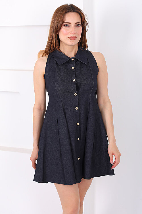 Yakalı Gold Düğmeli Kadın Lacivert Çan Elbise - 7