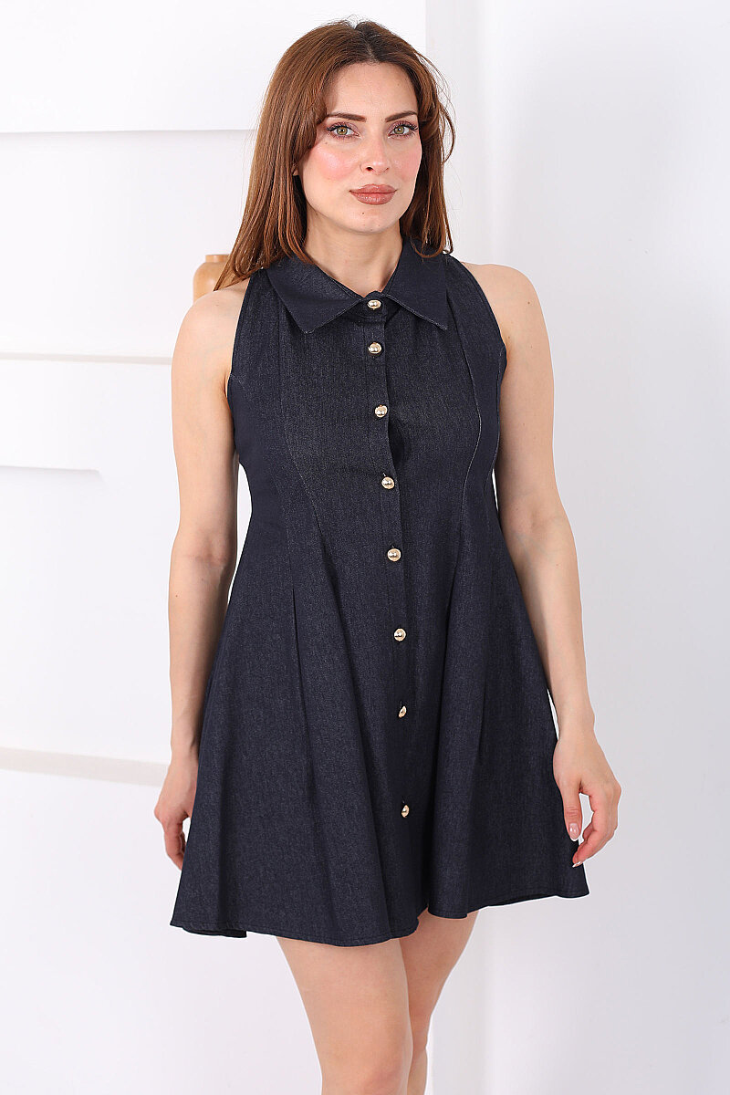 Yakalı Gold Düğmeli Kadın Lacivert Çan Elbise - 7