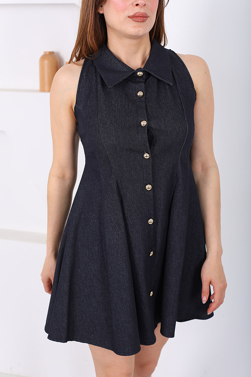 Yakalı Gold Düğmeli Kadın Lacivert Çan Elbise - 2