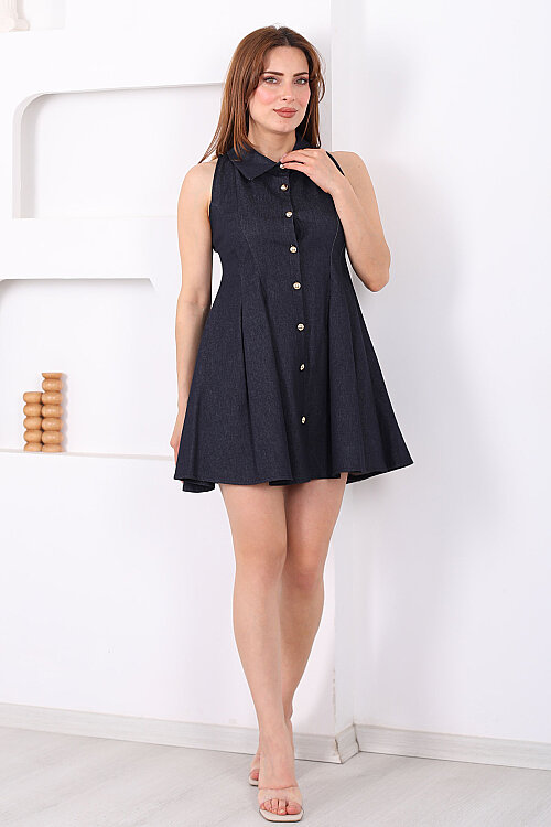 Yakalı Gold Düğmeli Kadın Lacivert Çan Elbise - 4