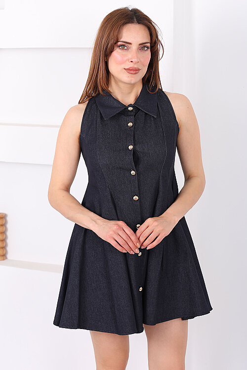 Yakalı Gold Düğmeli Kadın Lacivert Çan Elbise - 3