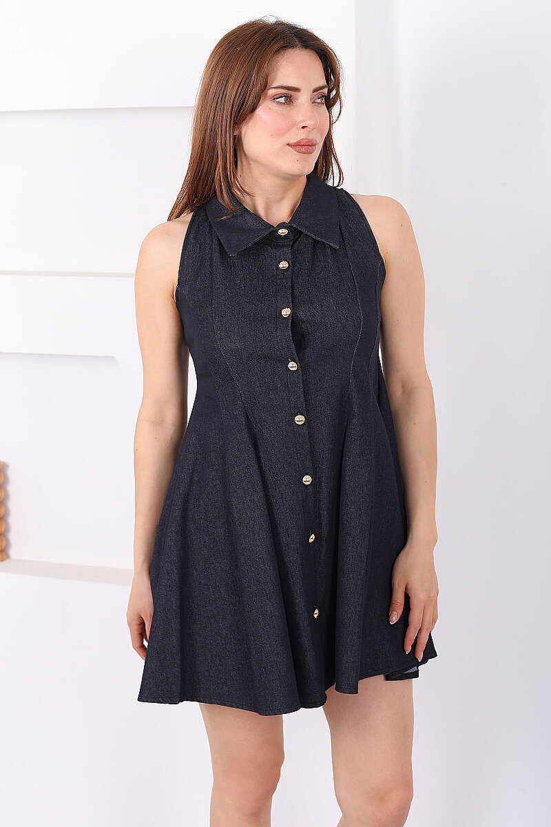 Yakalı Gold Düğmeli Kadın Lacivert Çan Elbise - 5