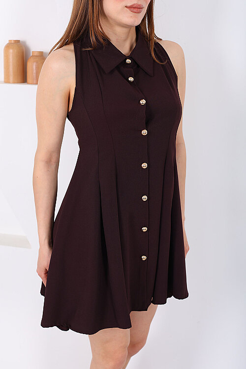 Yakalı Gold Düğmeli Kadın Mürdüm Çan Elbise - 2