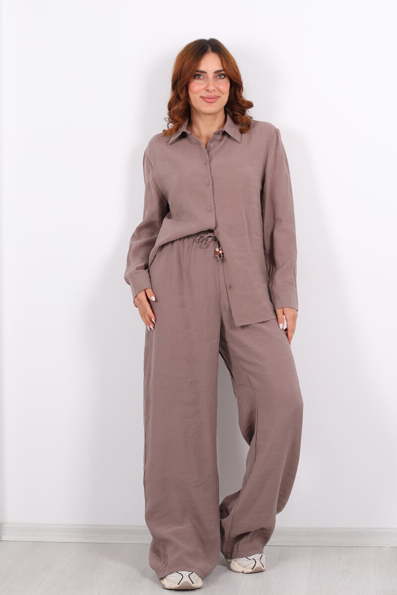 Yakalı Gömlek Beli Bağcıklı Pantolon Kahverengi Kadın Modal Takım - 7