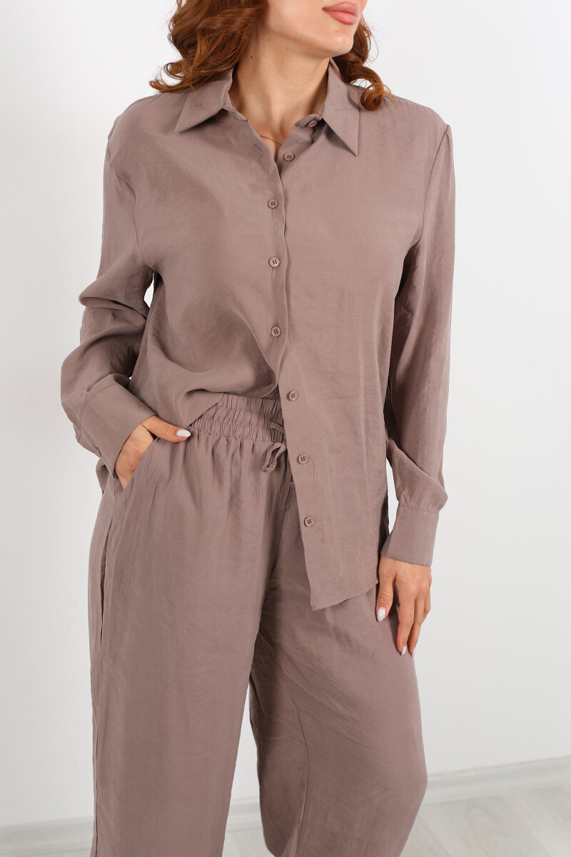Yakalı Gömlek Beli Bağcıklı Pantolon Kahverengi Kadın Modal Takım - 2