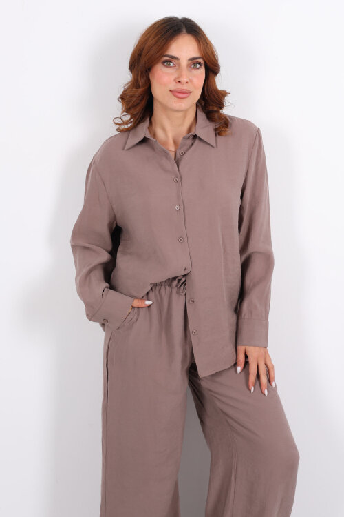 Yakalı Gömlek Beli Bağcıklı Pantolon Kahverengi Kadın Modal Takım - 6