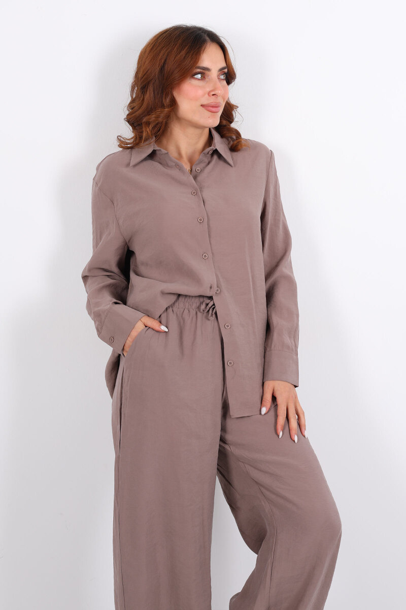 Yakalı Gömlek Beli Bağcıklı Pantolon Kahverengi Kadın Modal Takım - 3
