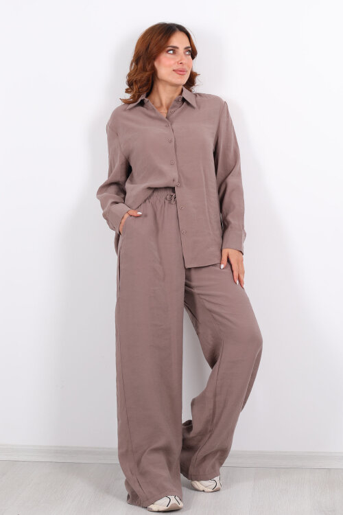 Yakalı Gömlek Beli Bağcıklı Pantolon Kahverengi Kadın Modal Takım - 4