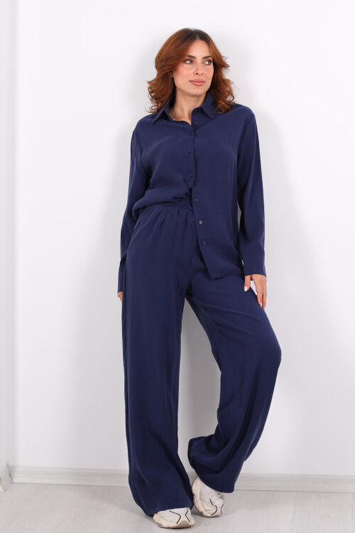 Yakalı Gömlek Beli Bağcıklı Pantolon Lacivert Kadın Modal Takım - 3