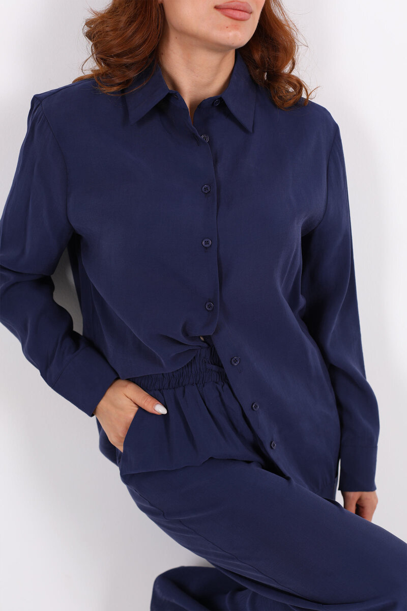 Yakalı Gömlek Beli Bağcıklı Pantolon Lacivert Kadın Modal Takım - 2