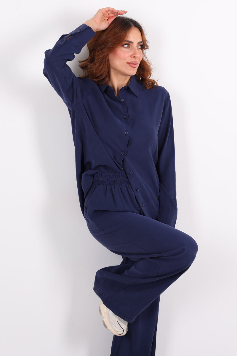 Yakalı Gömlek Beli Bağcıklı Pantolon Lacivert Kadın Modal Takım - 1