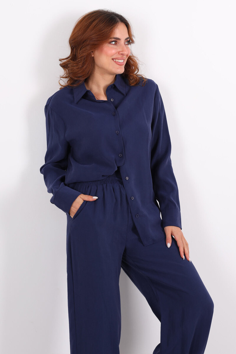 Yakalı Gömlek Beli Bağcıklı Pantolon Lacivert Kadın Modal Takım - 6