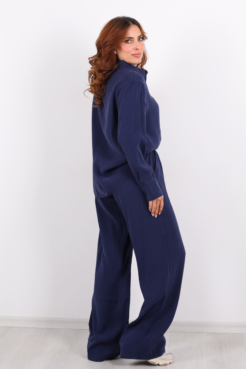Yakalı Gömlek Beli Bağcıklı Pantolon Lacivert Kadın Modal Takım - 5