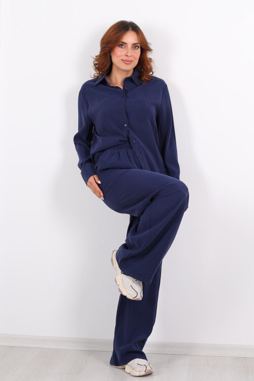 Yakalı Gömlek Beli Bağcıklı Pantolon Lacivert Kadın Modal Takım - 7