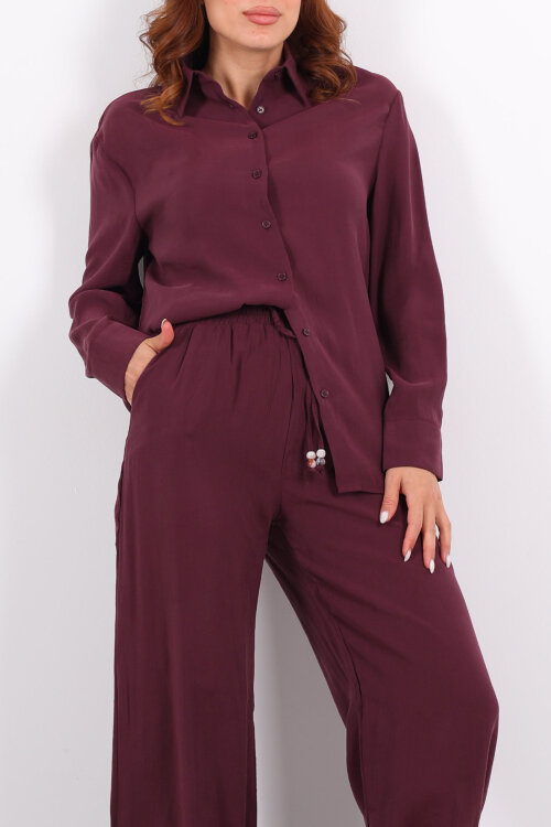Yakalı Gömlek Beli Bağcıklı Pantolon Mürdüm Kadın Modal Takım - Berox (1)