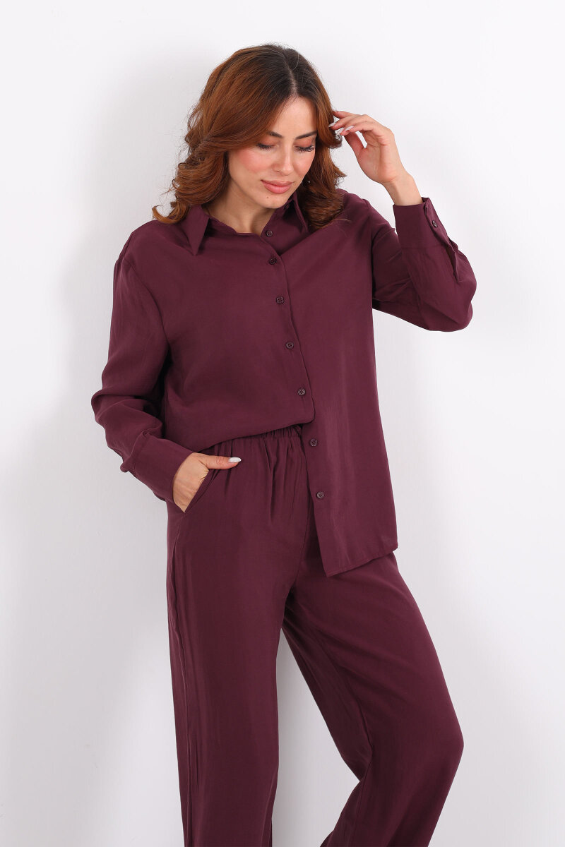 Yakalı Gömlek Beli Bağcıklı Pantolon Mürdüm Kadın Modal Takım - 3