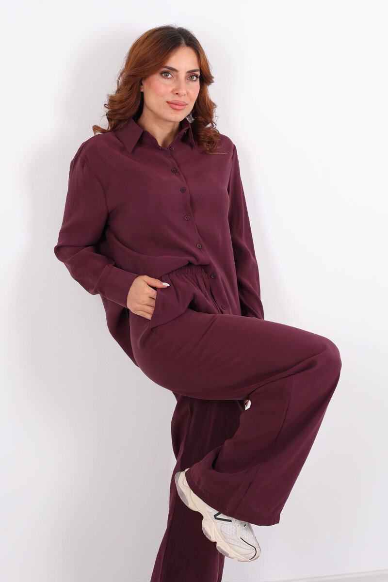Yakalı Gömlek Beli Bağcıklı Pantolon Mürdüm Kadın Modal Takım - 1