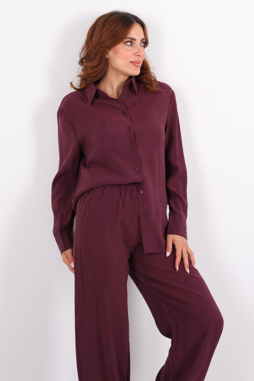 Yakalı Gömlek Beli Bağcıklı Pantolon Mürdüm Kadın Modal Takım - 6