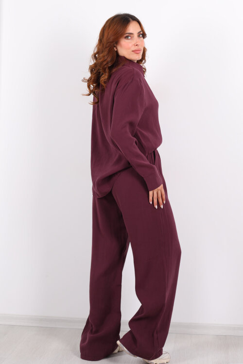 Yakalı Gömlek Beli Bağcıklı Pantolon Mürdüm Kadın Modal Takım - 5