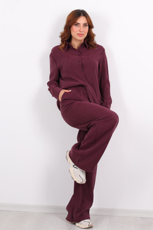 Yakalı Gömlek Beli Bağcıklı Pantolon Mürdüm Kadın Modal Takım - 7