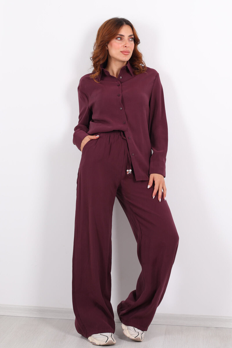Yakalı Gömlek Beli Bağcıklı Pantolon Mürdüm Kadın Modal Takım - 4