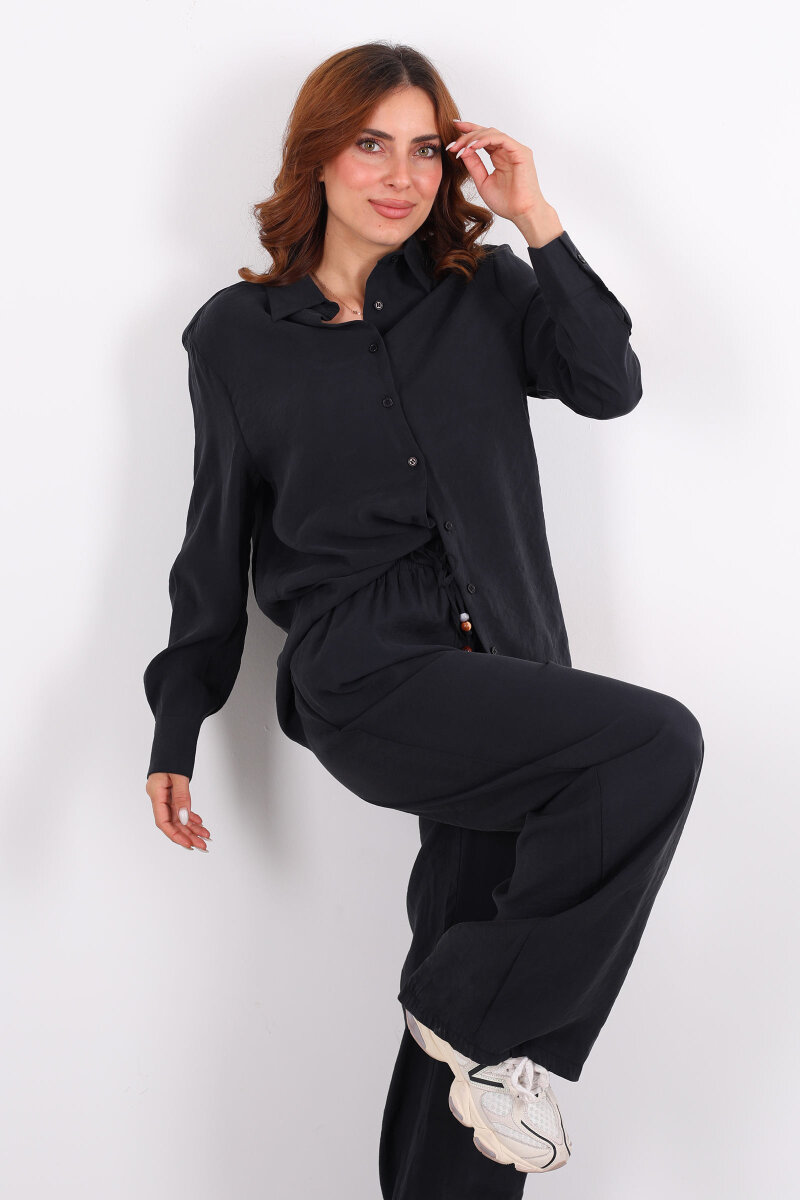 Yakalı Gömlek Beli Bağcıklı Pantolon Siyah Kadın Modal Takım - 1