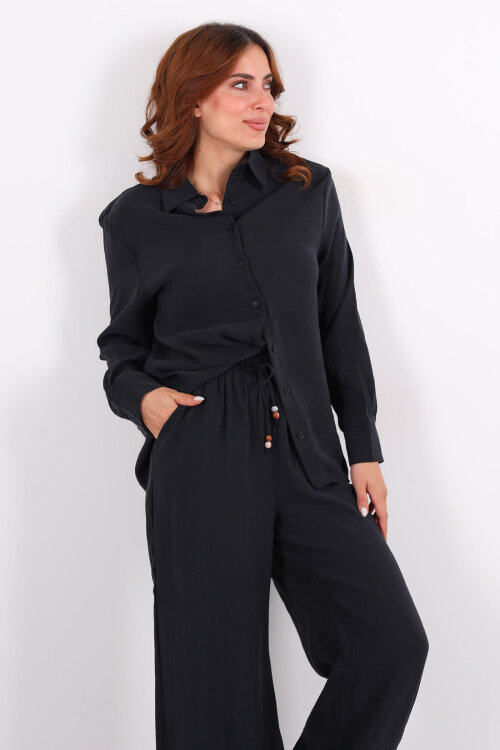 Yakalı Gömlek Beli Bağcıklı Pantolon Siyah Kadın Modal Takım - 3
