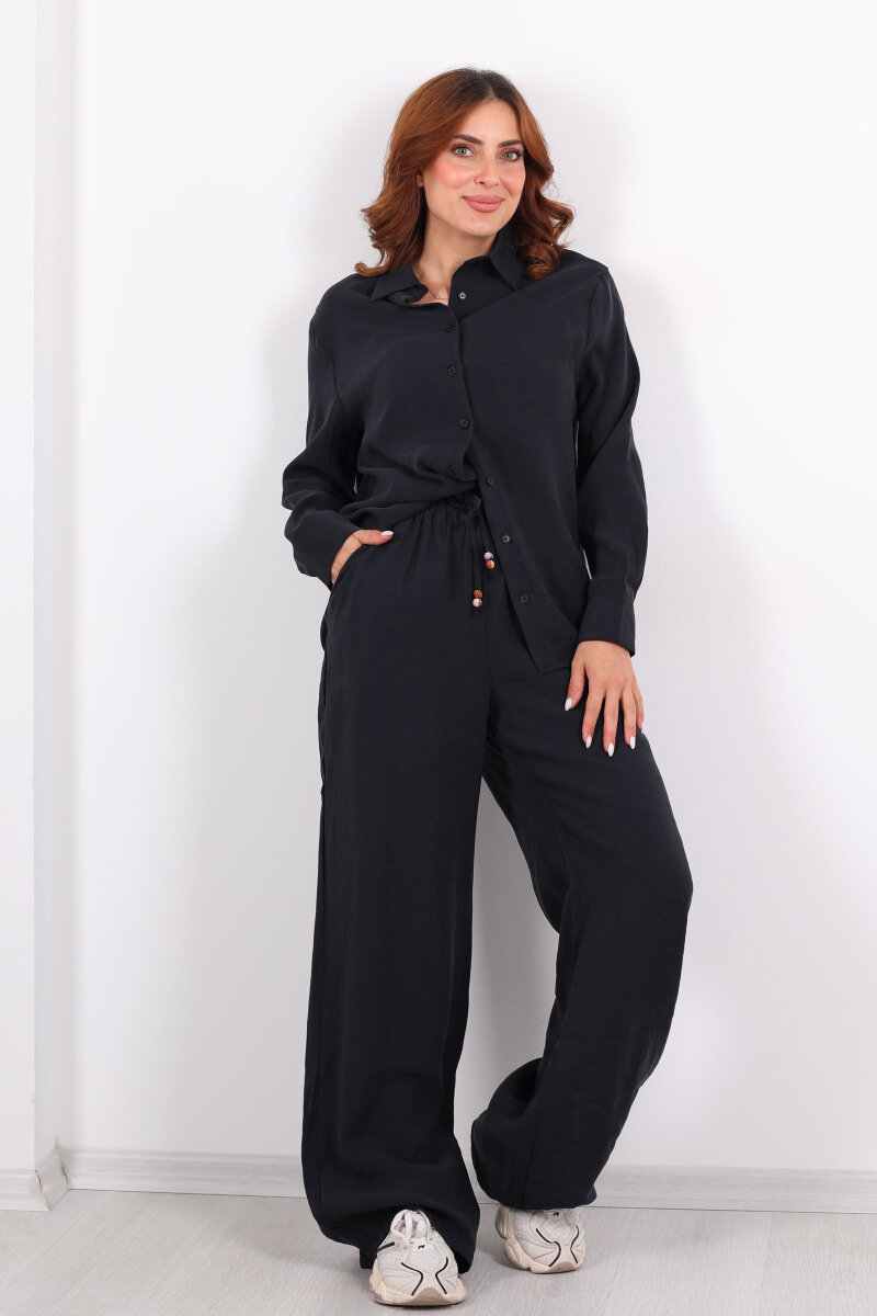 Yakalı Gömlek Beli Bağcıklı Pantolon Siyah Kadın Modal Takım - 5