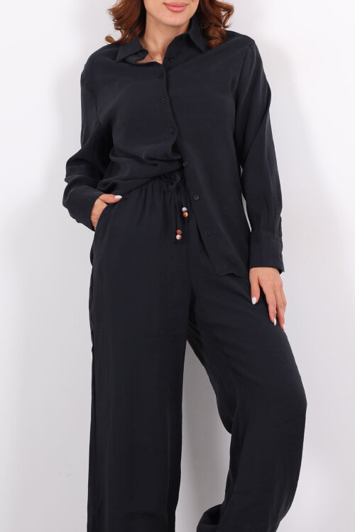 Yakalı Gömlek Beli Bağcıklı Pantolon Siyah Kadın Modal Takım - Berox (1)