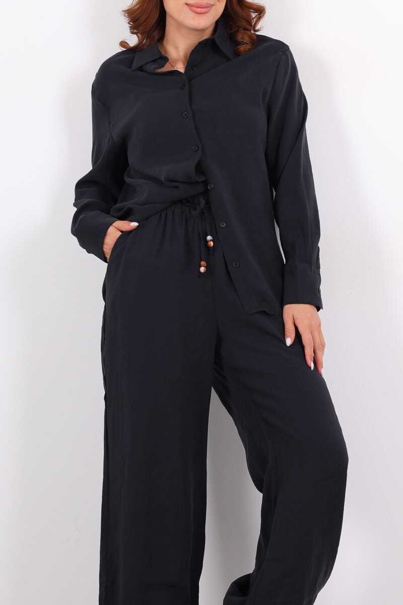 Yakalı Gömlek Beli Bağcıklı Pantolon Siyah Kadın Modal Takım - 2