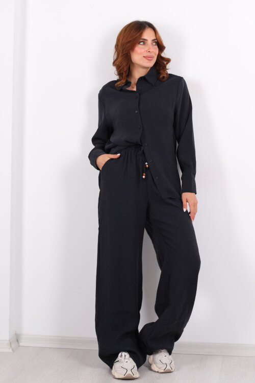 Yakalı Gömlek Beli Bağcıklı Pantolon Siyah Kadın Modal Takım - 7