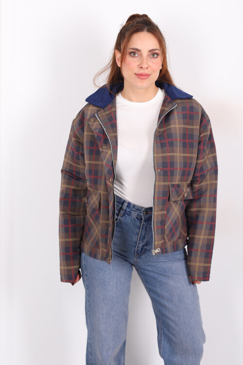 Yakalı Kadife Çift Cepli Haki Kadın Ekose Mont - 7