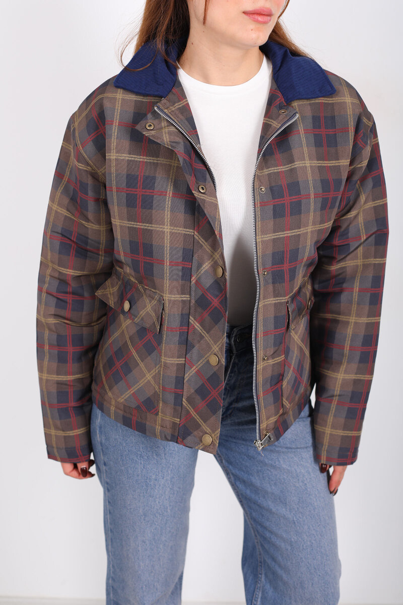 Yakalı Kadife Çift Cepli Haki Kadın Ekose Mont - 2