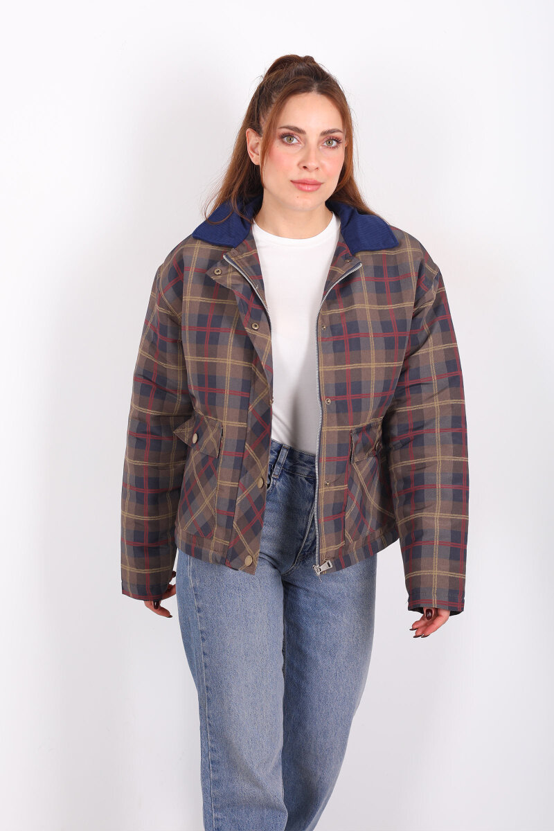 Yakalı Kadife Çift Cepli Haki Kadın Ekose Mont - 3