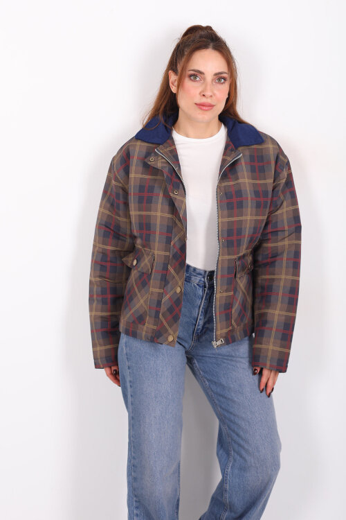 Yakalı Kadife Çift Cepli Haki Kadın Ekose Mont - 5