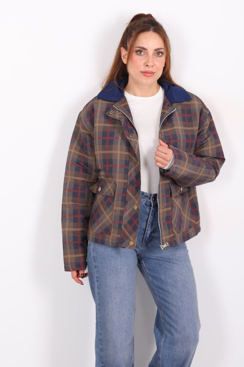 Yakalı Kadife Çift Cepli Haki Kadın Ekose Mont - Berox